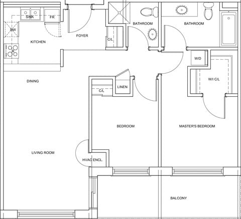 Floor plan for 2 beds, 2 baths, 898 sqft